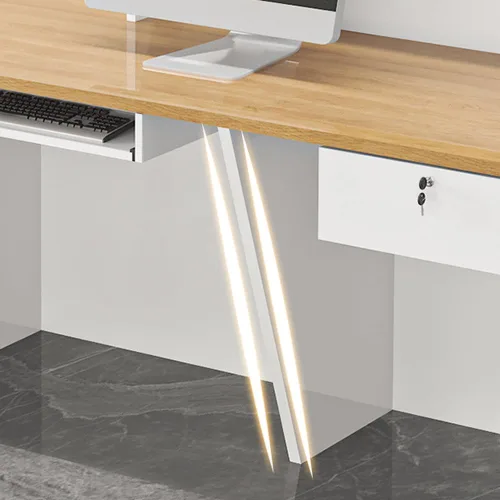 Vista 5 de LITFAD Recepción de computadora en forma de L - Escritorio de recepción de madera fabricada con gabinete, gestión de cables y bandeja para teclado
