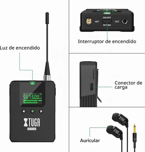 Vista 2 de XTUGA Sem100 in Sistema de monitor de oído estéreo inalámbrico 1 Bodypacks recargables Monitoreo UHF con Bluetooth Select Wireless en auriculares