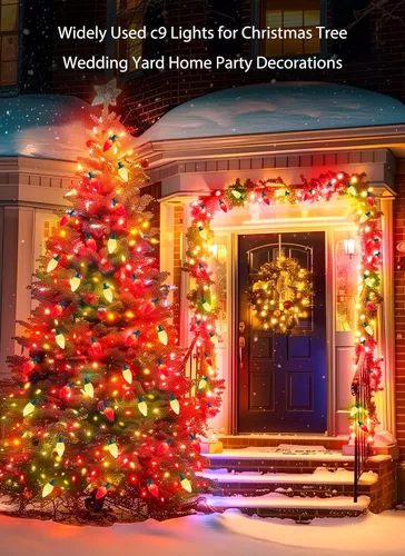 Vista 7 de Luces de Navidad C9 para Exteriores, 100 Pies de Luces de Cadena Impermeables Color Fresa con 100 Bombillas, Luces Impermeables Conectables