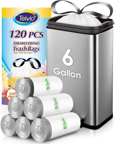 Vista 46 de Bolsas de basura de 7 galones, 100 unidades, bolsas de basura con cordón resistentes de Teivio, bolsas para papeleras de baño, bolsas de plástico