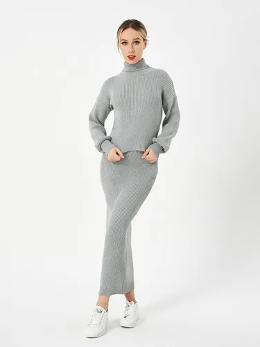 Vista 3 de Scacto Conjunto de dos piezas para mujer, suéter de cuello alto, sin botones, falda larga