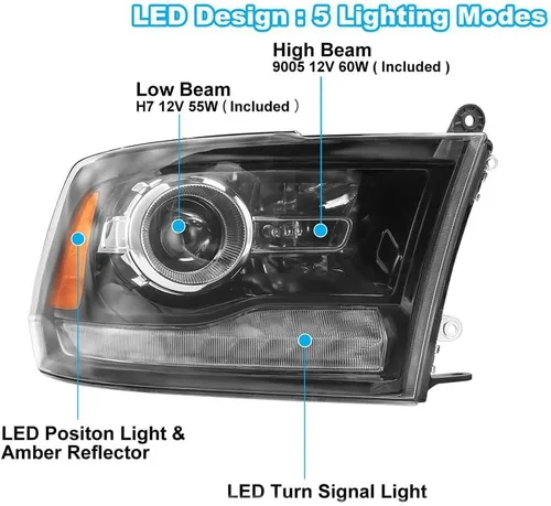 Vista 2 de CPW Faros delanteros aptos para Dodge Ram 1500 2500 3500 2013-2018 con luz de posición LED de fábrica, conjunto de lámparas de cabeza de proyector