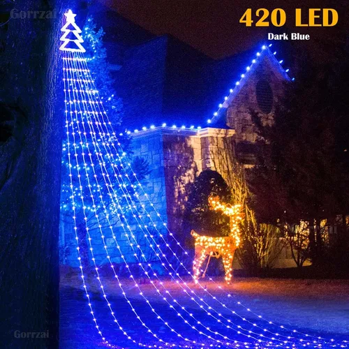 Vista 3 de Guirnalda de luces de estrella para decoración de Navidad al aire libre, 420 LED, impermeable, con decoración para árbol de Navidad, 8 modos