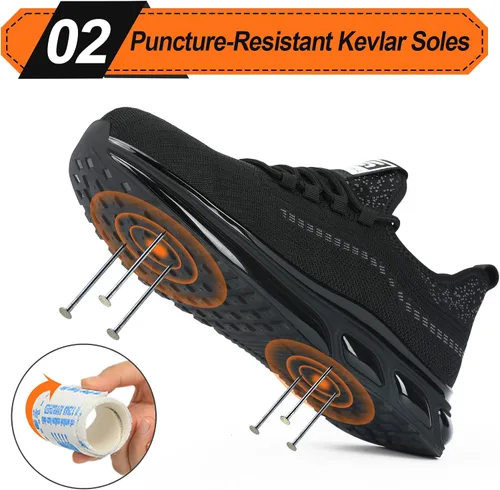 Vista 3 de LAoutun Zapatos de punta de acero para hombres y mujeres, zapatos de trabajo de seguridad indestructibles, zapatos de trabajo ligeros