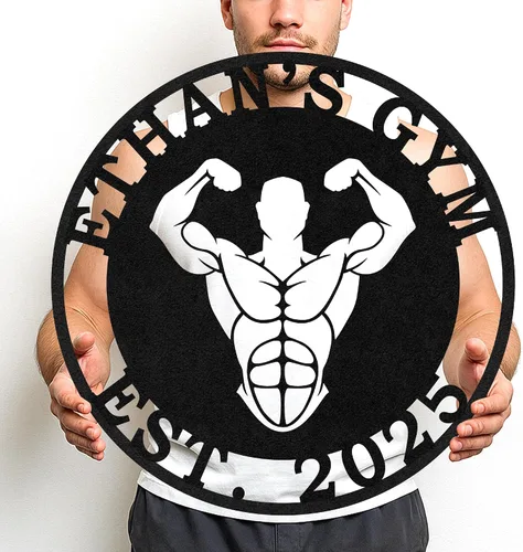 Vista 37 de Cartel de metal personalizado para gimnasio con nombre, arte de pared para sala de entrenamiento en casa, garaje, espacio de fitness, decoración