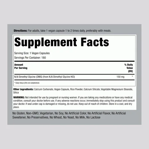 Vista 2 de Piping Rock DMG Suplemento B15 150 mg 180 Cápsulas Dimetilglicina HCl Sin OMG, sin gluten