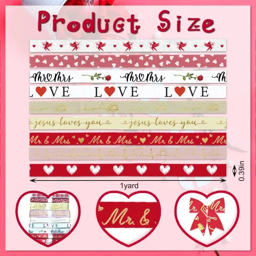 Vista 2 de 9 cintas decorativas para el día de San Valentín de 3/8 pulgadas, cinta de corazón de ángel de grogrén de San Valentín, 3 yardas, corazón rojo con I