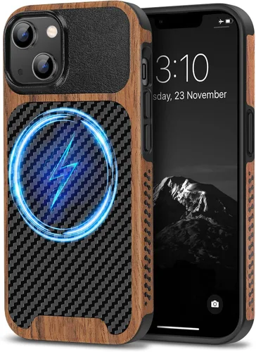 Vista 17 de TENDLIN Compatible con Funda para iPhone 14 de Grano de Madera con Diseño de Textura de Fibra de Carbono, Funda Híbrida de Cuero delgada Negra Negro