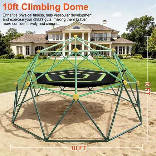 Vista 3 de Domo de Escalada Jungle Gym para Niños de 10 Pies, con Hamaca, Conjunto de Juegos Resistente de Servicio Pesado para Exteriores Todo Clima