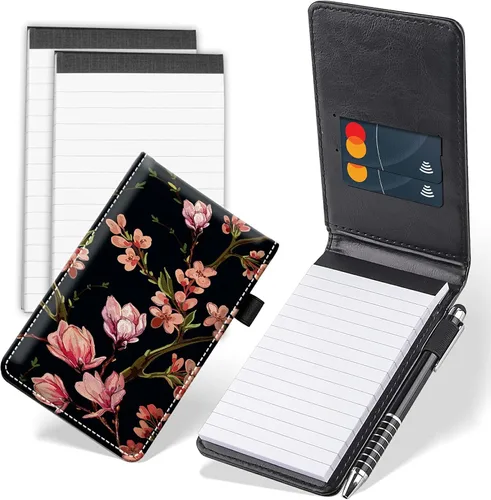 Vista 22 de Juego de 4 mini blocs de notas de bolsillo, funda de cuero sintético de mármol abstracto con 2 ranuras para tarjetas, 1 lápiz capacitivo y 2
