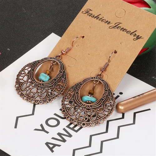 Vista 6 de Aretes bohemios hechos a mano para mujer, únicos, retro, bohemios, antiguos, étnicos, con cuentas de cobre, ligeros, huecos, colgantes, colgantes