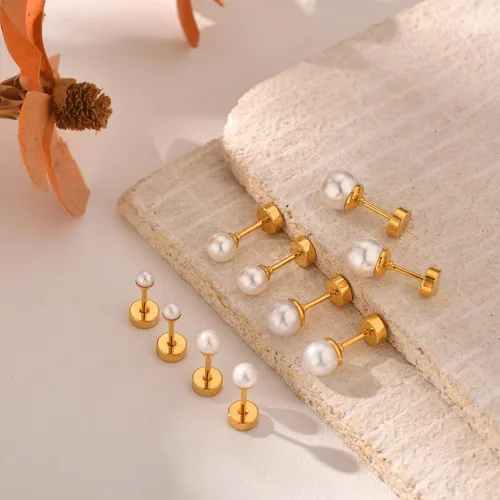 Vista 6 de JINEAR 5 pares de aretes de tuerca para mujer, chapados en oro/plata de 14K, perla, aretes pequeños tipo bola, conjunto de piercing de cartílago 1