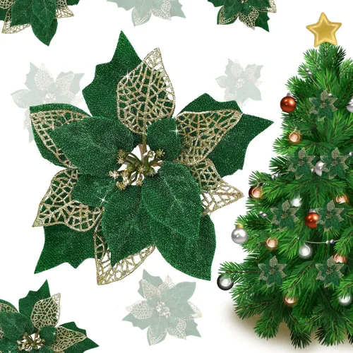 Vista 8 de Jim's Cabin Paquete de 12 flores de Pascua artificiales con purpurina para adornos de árbol de Navidad, mariposas y decoraciones doradas (azul)