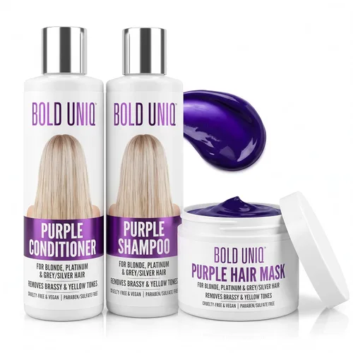 Vista 14 de Bold Uniq Mascarilla morada para el cabello rubio, platino, decolorado, plateado, gris, ceniza y cobrizo. Elimina los tonos amarillos y acondiciona
