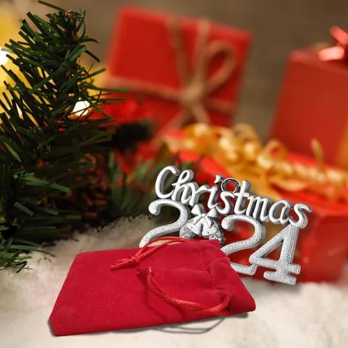 Vista 6 de Adorno de Navidad con fecha 2024, adorno anual plateado para árbol de Navidad con cinta para decoración de árbol de Navidad, colgante decorativo