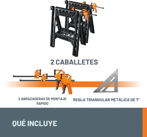 Vista 7 de Worx WX065.3 Caballetes de sujeción con abrazaderas de barra y regla triangular de metal de 7 pulgadas