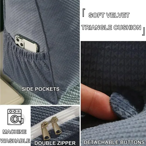 Vista 4 de Almohada triangular para cabecero, cojín triangular de color sólido, almohada grande de cuña para sofá cama, respaldo de dormitorio con funda de Azul