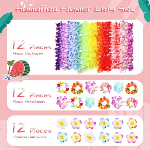 Vista 3 de Macarrie 48 piezas hawaianas Luau suministros para fiestas hawaianas Leis collares pulseras tropicales Luau fiesta gafas divertidas flores hawaianas