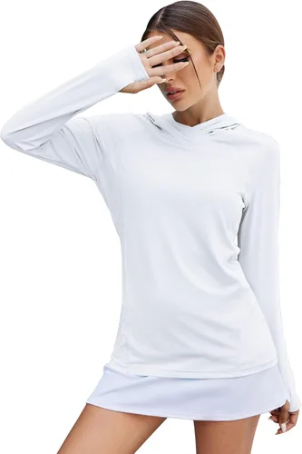 Vista 29 de LUYAA - Sudaderas con capucha para mujer, protección solar UPF 50+, transpirables, elásticas, para senderismo, manga larga, para correr Beige