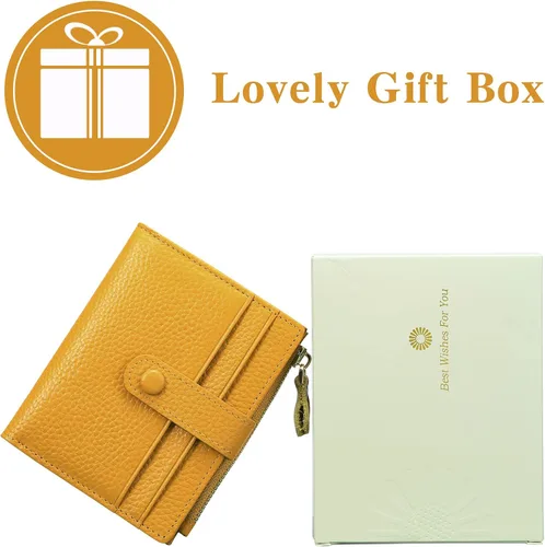 Vista 6 de FALAN MULE Billeteras pequeñas para mujer, con bloqueo RFID, delgada, plegable, de cuero, con cremallera, monedero, AP-amarillo, Minimalista
