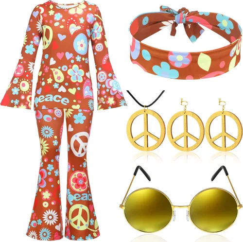 Vista 8 de 7 piezas de traje hippie de los años 60 y 70 para niños y niñas, disfraz hippie de Halloween, camisa de discoteca, pantalón, signo de la paz