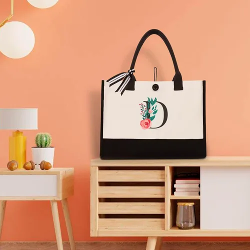 Vista 8 de Bolsa de lona con inicial, regalos de cumpleaños personalizados para mujeres, madres, amigas y profesoras, bolsas de mano con monograma adecuadas