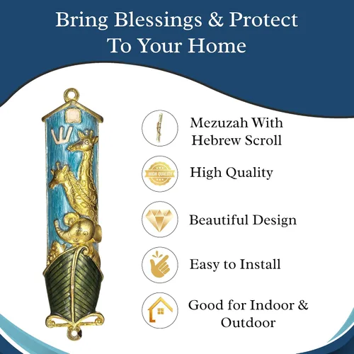 Vista 6 de Matashi Mezuzah para puerta con pergamino, pintado a mano esmalte azul Arca de Noé Mezuzah caso con jirafas, elefante y espinilla hebrea, decoración