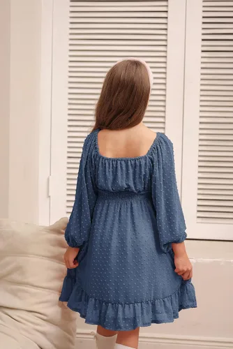 Vista 4 de GRACE KARIN Vestido escalonado con volantes para niñas, vestido acampanado de manga larga con lunares suizos, 6-14 años