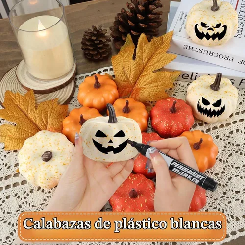 Vista 6 de LZNPA Juego de 16 mini calabazas artificiales artificiales con hojas de otoño, espuma de plástico tallable, pequeñas calabazas blancas