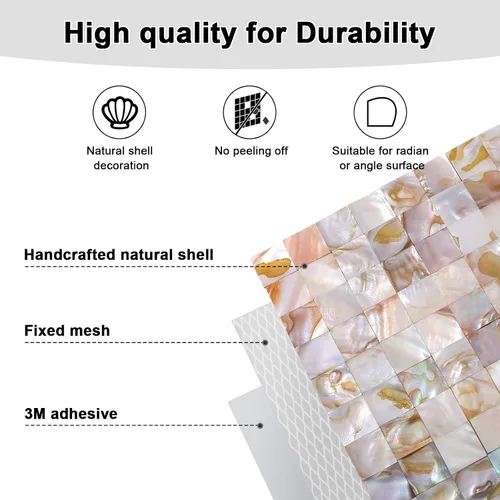 Vista 2 de 1 hoja de azulejos de conchas de perlas para despegar y pegar, azulejos de pared autoadhesivos para cocina, baño, dormitorio