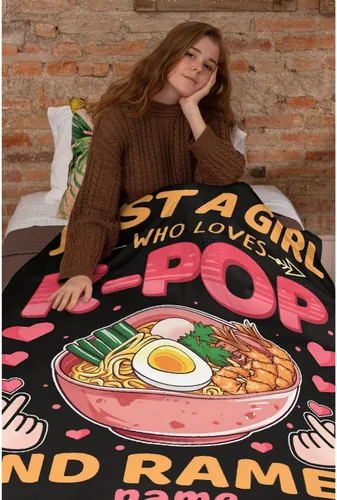 Vista 6 de Manta Personalizada Girl Loves Ramen Súper Suave Ligera Manta Cómoda Esponjosa Edredón para Cama Sofá Todas las Estaciones Cálida 50"x40" Pequeña