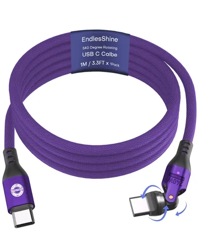 Vista 11 de Cable USB C a C de 3.3 ft, negro, rotación 540, 240 W, PD, carga rápida, transferencia de datos de 480 Mbps, cable de carga tipo C con chip