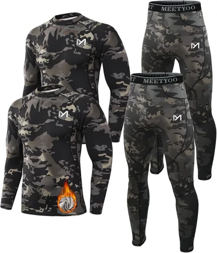 Vista 6 de MEETYOO Ropa interior térmica para hombre, capa base para hombre, 2 juegos de calzoncillos largos forrados con equipo de caza 2 camuflajes negros