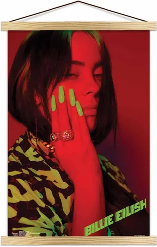 Vista 5 de Scorpio Posters Billie Eilish - Rojo - Licencia oficial - Mini póster - 11 x 17 pulgadas - con soporte para póster de madera negra