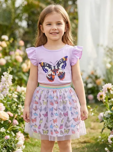 Vista 4 de Conjunto de falda de tul para niñas, dos piezas, manga con volantes, camiseta de unicornio, vestido de tutú de verano, fiesta de cumpleaños, traje
