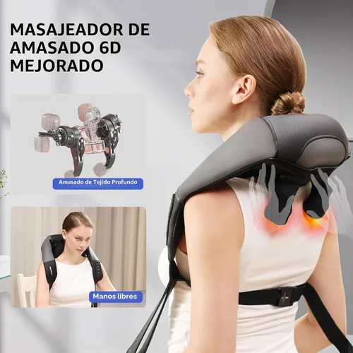 Vista 4 de Masajeador de cuello ajustable de ancho Shiatsu inalámbrico para aliviar el Gris negro
