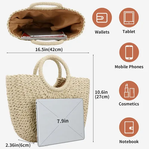 Vista 2 de Bolso de playa de verano para mujer, bolso de mano con asa superior, bolso de viaje de gran capacidad, bolso de mano tejido a mano, bolso grande