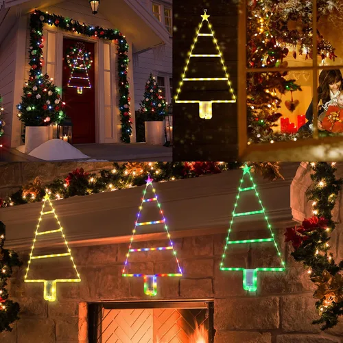 Vista 4 de LYHOPE Decoraciones navideñas - Luces LED de escalera, 2 pies, 8 modos y temporizador, funciona con pilas, verde