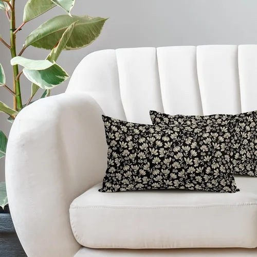 Vista 5 de Juego de 2 fundas de almohada lumbares con estampado de bloques florales de margaritas negras y marrones de 12 x 20 pulgadas, fundas de almohada