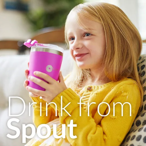 Vista 3 de PopYum - Vasos de acero inoxidable para niños, 9 onzas, morado, rosa, paquete de 2 Aislado, aspiradora de doble pared, tapa y pajilla, apilable, a