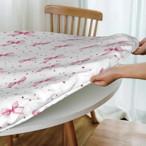 Vista 3 de Delerain Pink Bows - Mantel redondo ajustable, mantel redondo impermeable con bordes elásticos, lavable, para interiores y exteriores, se adapta a