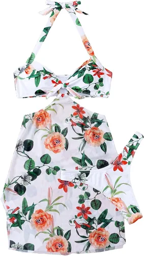 Vista 2 de WDIRARA Traje de baño de 3 piezas con estampado floral y escote halter con falda de playa dividida para mujer