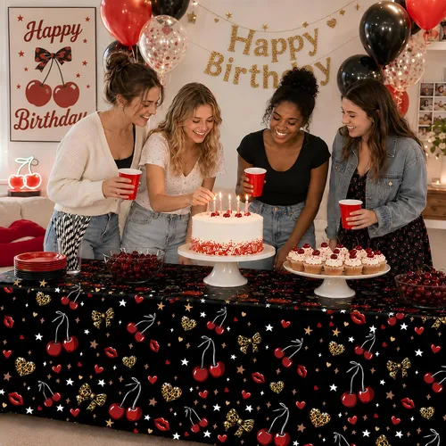 Vista 3 de Mantel de plástico con estampado de leopardo, 52 x 108 pulgadas, color negro y rojo, para fiesta de cumpleaños, mesa de pasteles, mesa de postres