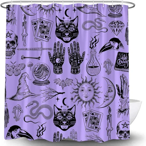 Vista 9 de Cortina de ducha de bruja de Halloween, color negro, espeluznante, alquimia gótica, psíquica, espeluznante, calavera, esqueleto, tablero de Ouija