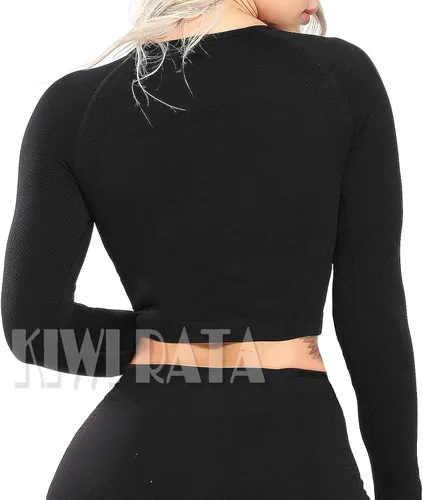 Vista 2 de KIWI RATA Camiseta corta de manga larga sin costuras para mujer para yoga gimnasio con agujero para el pulgar ropa deportiva