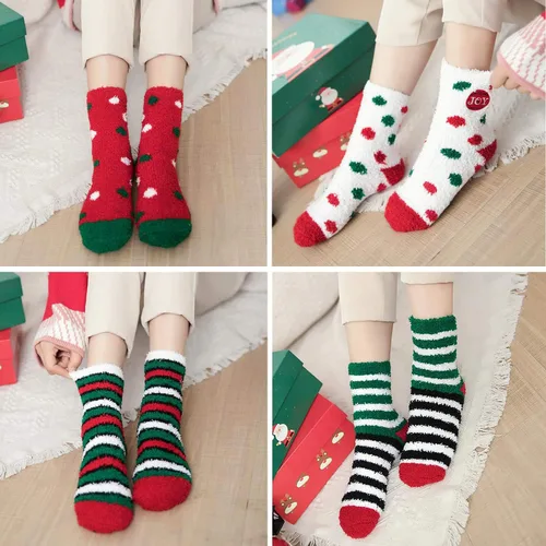 Vista 3 de Calcetines peludos de Navidad, 6 pares de calcetines lindos de forro polar coral, cálidos y acogedores, calcetines de vacaciones para mujeres