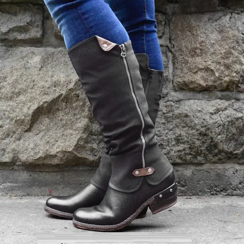 Vista 4 de Eduavar - Botas para mujer, con cremallera hasta la rodilla, botas de tacón plano, botas de invierno de pantorrilla ancha, botas de senderismo
