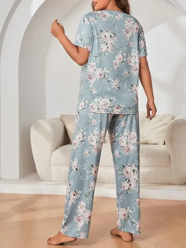 Vista 2 de WDIRARA Conjunto de pijama de manga corta y pantalones para mujer, talla grande, con máscara para los ojos