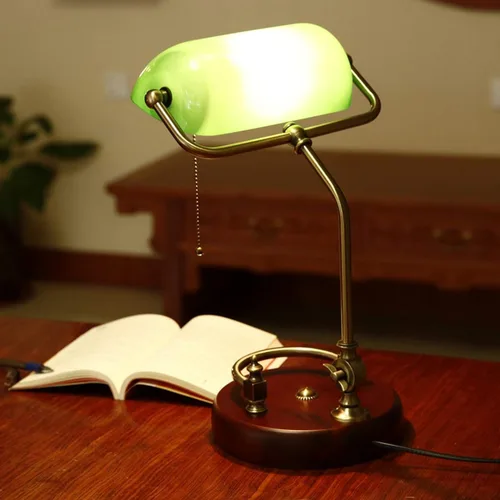 Vista 3 de Lámpara de banco antigua, lámpara de escritorio retro, pantalla de cristal verde hecha a mano, lámpara de escritorio de metal ajustable, lámpara
