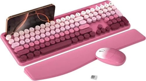 Vista 12 de Combo de teclado y mouse inalámbricos con soporte para teléfono (caqui) MPTOG Colorful Typewriter Keys with Wrist Rest, 2.4GHz Wireless